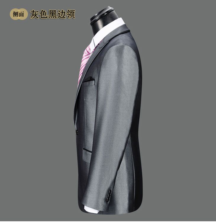 灰色黑边领型西服侧面